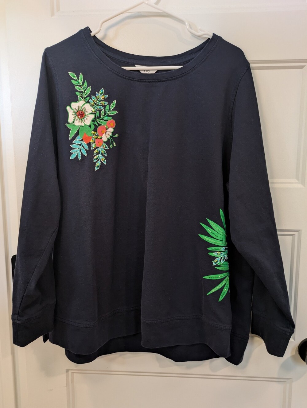🔴 3/$15  crown & ivy Navy Long Sleeve Tee with Green Floral Appliqué